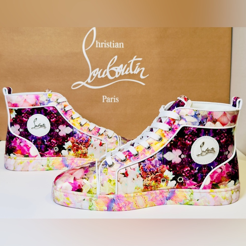 Christian Louboutin Blooming Orlato Abstract-print Silk High-top Trainers EU 44 - Picture 11 of 16